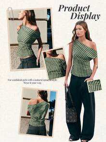 Nöista Fitted Top In Diagonal Green And Black Stripes, Asymmetrical Neckline Showing One Shoulder With A T Of Gathering On The Sides.Spring Festival, Summer - Multicolor - View 7