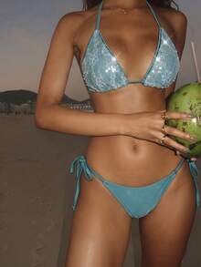 Aloruh Bộ bikini nữ mùa hè mới in loang màu, đồ bơi nữ sexy đi tiệc lễ hội âm nhạc trang trí vỏ sò óng ánh, trang phục đi biển nữ, đồ đi biển cho nữ, đồ bơi nữ thanh lịch, thời trang đi biển cho nữ, đồ tắm nữ, bộ bikini cho nữ - Màu xanh ngọc - Xem 1