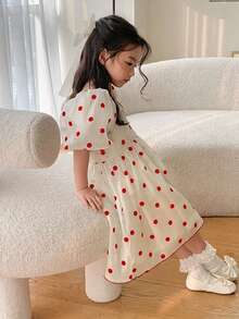 Dazy Kids 女童波点印花方领短袖连衣裙，夏季 - 米色 - 查看 5