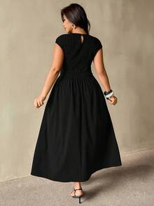 Auralis Plus Size Women Summer Casual Vacation Minimalist Solid Color Shirred Bodice Cinching Waist Dress - Black - View 5