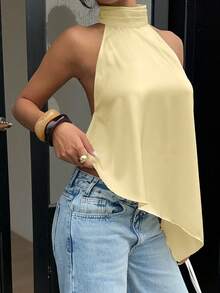 Siren Gaze Atasan Tank Top Wanita Elegan Tanpa Punggung Model Kamisol Satin, Musim Panas - Kuning muda - View 3