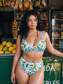 Swim Vcay Conjunto de bikini de tiras de espagueti con estampado de limón para mujer de talla, traje de baño elegante para la playa - Multicolor - Ver 3