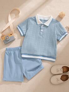 Souflis Souflis 2pcs/Set Baby Boys' French Style White Short Sleeve Shirt And Navy Shorts Set, Suitable For Spring/Summer, Vacation, School And Other Occasions - Blue - View 5