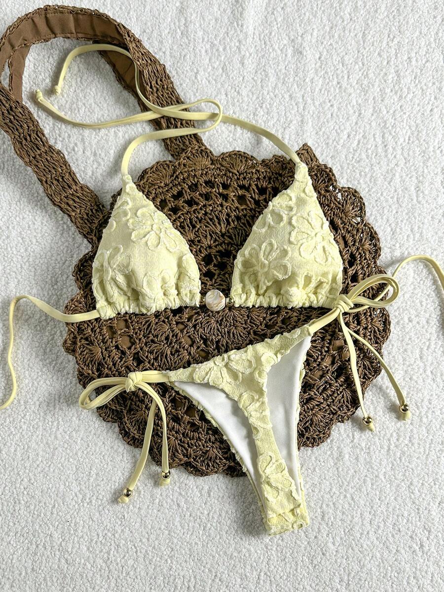 Swim Mod 女士提花面料露背金属装饰性感比基尼套装,夏季 - 黃色 - 查看 1