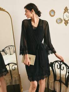 Côtesoire Southern France Elegant Sexy Camisole Dress Robe Women Sleepwear 2 Pieces Set - Black - View 4
