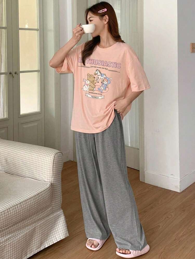 Cute Cartoon Print Loose Fit Round Neck T-Shirt And Pants Pajama Set