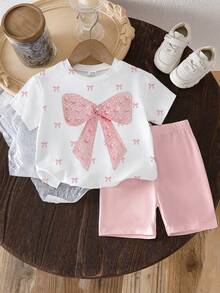 Summer Baby Girl Casual Multi-Piece Set, Brown & Apricot Leopard Print Cartoon Rabbit Pattern, Round Neck Short Sleeve T-Shirt & Shorts - Multicolor - View 8