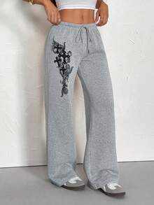SHEIN PETITE Quần thể thao nữ ống rộng thoải mái, ấm áp, buộc dây phía trước, kiểu dáng vintage punk Y2K, đa năng, thích hợp cho tiệc tùng hoặc sân bay, họa tiết hoa chữ thập màu đen, phù hợp cho mùa thu/đông. - Màu Xám nhạt - Xem 6
