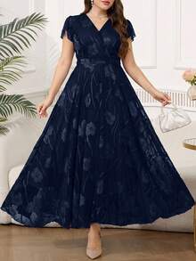 Reflora Plus Size Women's Elegant Floral Print Dress, Summer Wedding Guest Dress - Navy Blue - View 11
