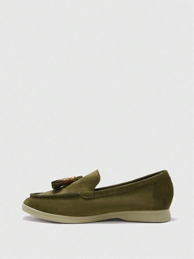 CUCCOO BIZCHIC Fashion Army Green Suede Retro Beads Comfortable Commuting Women's Flat-Soled Loafers Women's Flat-Soled Shoes Suitable For Outdoor Vacation Shopping To Work Daily Versatile Flat-Soled Women's Shoes
