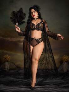 PinupPomp Plus Lace Belted Robe Without Lingerie Set - Black - View 1