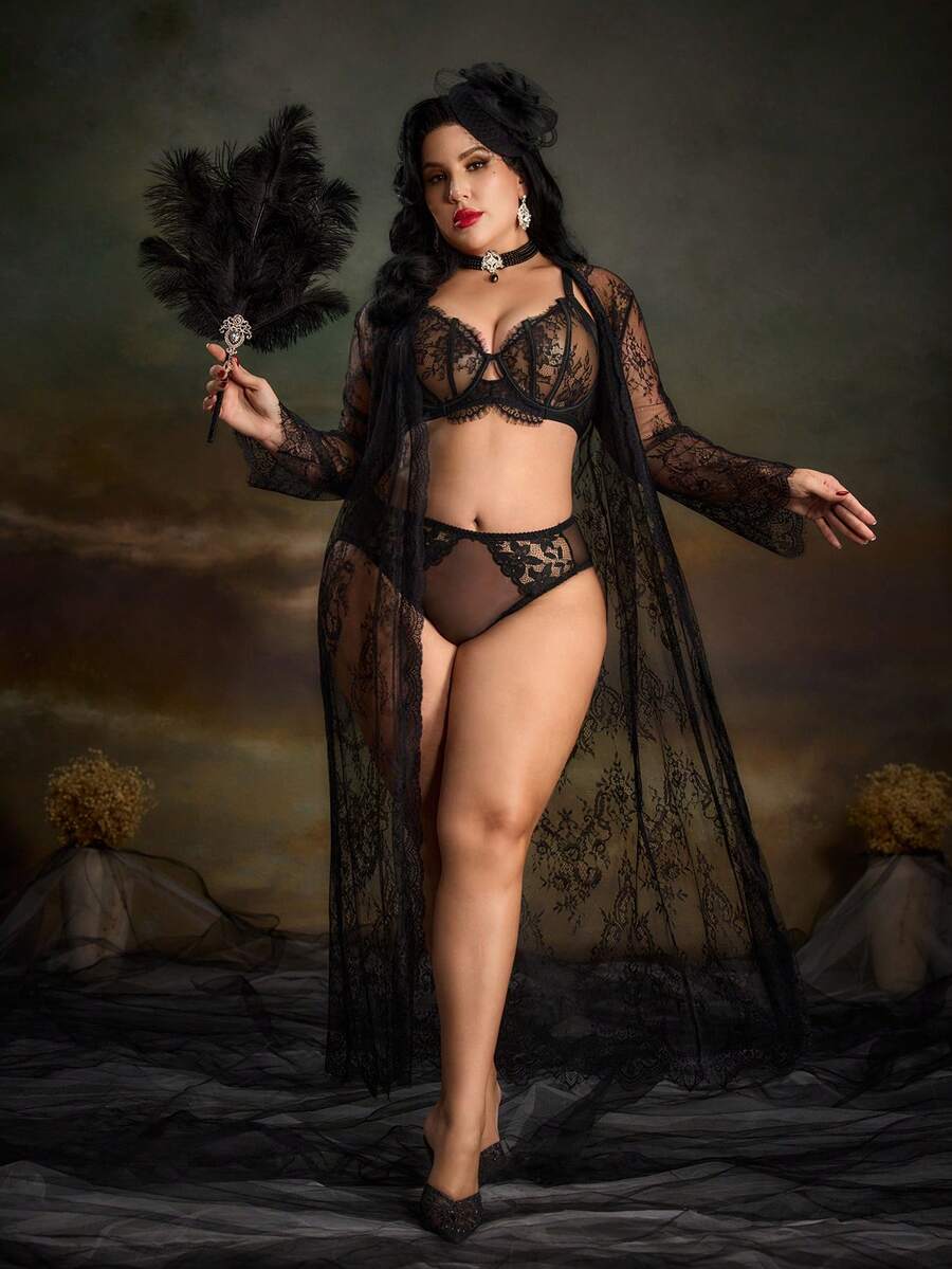 PinupPomp Plus Lace Belted Robe Without Lingerie Set - Black - View 1