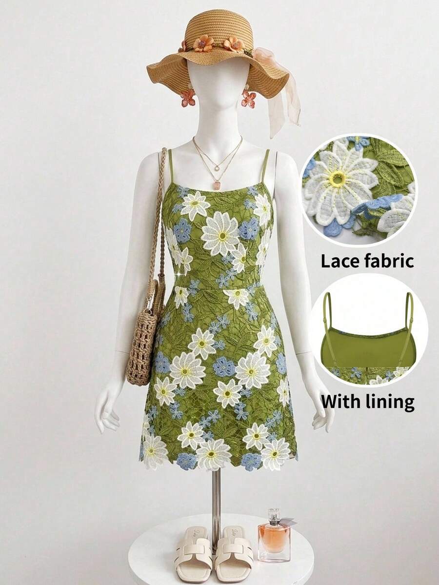 Ellevyn Romantic Lace Spaghetti Strap Dress, Suitable For Parties & Summer Wear - Green - View 1