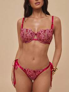 Silquee 2pcs/Set Pakaian Dalam Wanita Bra dan Celana Dalam Jala Bordir Bunga Set Pakaian Dalam Motif Bunga Set Pakaian Dalam Berkawat Set Pakaian Dalam Motif Kupu-kupu Set Pakaian Dalam Transparan Set Pakaian Dalam Bordir - MultiWarna - View 6