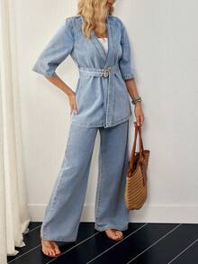 EMERY ROSE Women's Metal Buckle Versatile Short Sleeve Tie-Front Top And Casual Loose Pocket Denim Pants Set - Blue - View 3