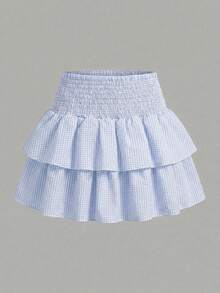SHEIN Chân váy kẻ sọc xanh eo nhún cho bé gái tuổi teen - Màu xanh lam - Xem 3