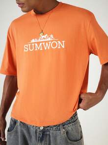 SUMWON 宽松版型圆领印花短袖T恤，休闲夏季上衣 - 橘色 - 查看 5
