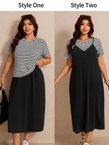 Elaquor Ensemble 2 pièces Top à manches courtes imprimé rayures et robe camisole couleur unie, grande taille - Noir et Blanc - Voir 6