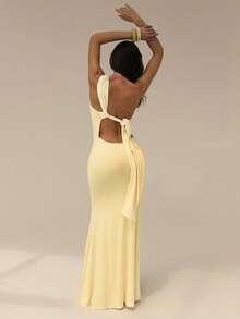SHEIN Glamour Đầm maxi len dệt hở vai hở lưng đuôi cá gợi cảm, đầm mùa hè nữ, đầm tiệc, đầm đi biển, đầm vàng nhạt, đầm dự tiệc cưới, đầm lãng mạn, đầm mùa hè xu hướng, đầm thời trang, phong cách cô gái mùa hè Miami, đầm đi chơi, đầm hở lưng, đầm trang trọng, đầm sinh nhật, đầm bodycon vàng nhạt - Màu vàng - Xem 2