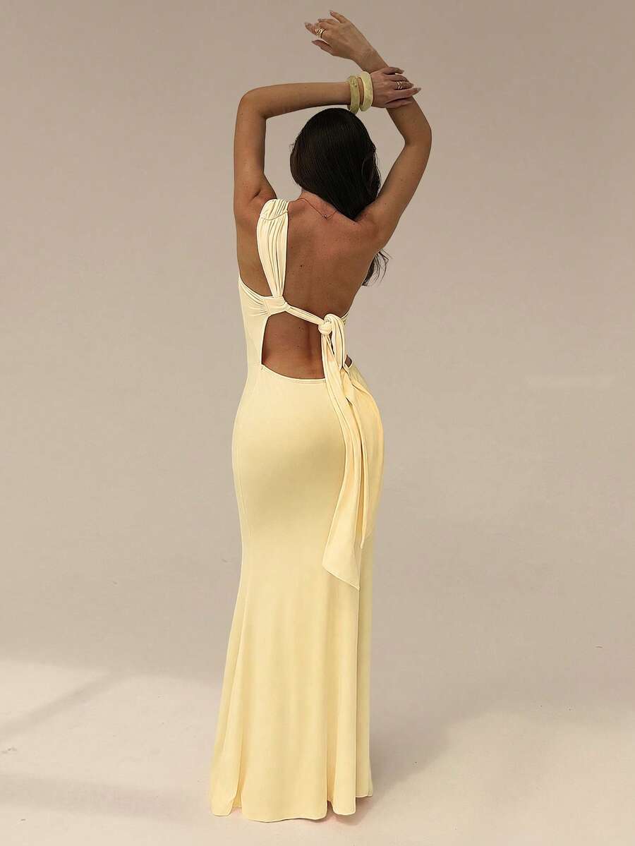 SHEIN Glamour Đầm maxi len dệt hở vai hở lưng đuôi cá gợi cảm, đầm mùa hè nữ, đầm tiệc, đầm đi biển, đầm vàng nhạt, đầm dự tiệc cưới, đầm lãng mạn, đầm mùa hè xu hướng, đầm thời trang, phong cách cô gái mùa hè Miami, đầm đi chơi, đầm hở lưng, đầm trang trọng, đầm sinh nhật, đầm bodycon vàng nhạt - Màu vàng - Xem 1