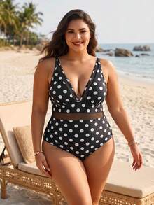 Swim Lushoire Lässiger Urlaubs-Minimalist Einteiliger Badeanzug mit Schwarz-Weiß Punktemuster und Mesh-Einsätzen in Große Größen - Schwarz und Weiss - Übersicht 4