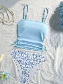 SHEIN Conjunto de Traje de Baño de 2 Piezas para Adolescente con Top Tankini Fruncido de unicolor y Braguita Tankini Triangular, Adecuado para Vacaciones de Verano y Playa - Azul - Ver 3