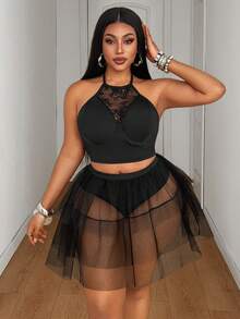 Maweii Plus Size Women Sexy Lace Corset 2 Pieces Set, Cake Skirt - Black - View 3