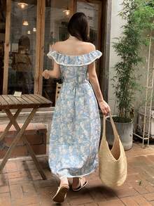 DAZY 女士印花拼接荷叶边下摆优雅连衣裙，适合夏季度假穿着 - 藍色 - 查看 7