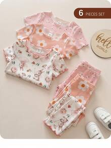 6pcs/Set Baby Girl Cute Cartoon Bear & Floral Print Ruffle Trim Round Neck Short Sleeve Pants Casual Comfy Knitted Pajamas Set - Pink - View 1