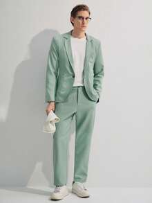 Manfinity CityGents Men's Solid Lapel Collar Casual Suit Set, Spring/Summer, Formal Formal - Green - View 6