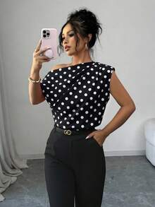 SHEIN Elenzya 波點不對稱肩無袖女式上衣，優雅通勤襯衫 - 黑與白 - 查看 6