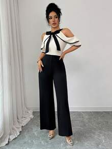 Hourglow Women's Elegant Contrast Color Off-Shoulder Short Sleeve Bow Collar Fitted Jumpsuit Summer - Multicolor - View 4