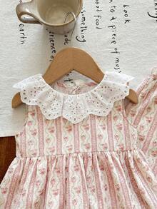 SHEIN LMoss Kids 女婴可爱碎花荷叶边上衣和裤子套装，夏季度假 - 彩色 - 查看 4