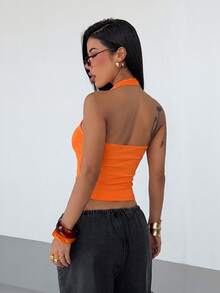 StreetHx Áo hai dây cổ chữ V màu vàng in số kiểu sinh viên dành cho nữ, thích hợp cho các lễ hội âm nhạc, phong cách Y2K nữ tính những năm 2000. - trái cam - Xem 2