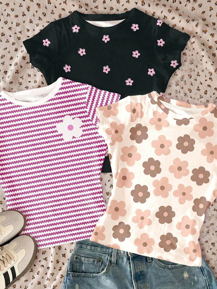 3pcs/Set Tween Girls Cute Floral Series Cream White,Pink Stripe,Black Crew Neck Short Sleeve T-Shirts,Summer Back-To-School Casual Outfits For School - White - View 1