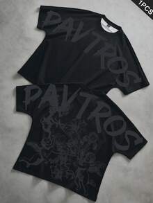 PAVTROS 男士極簡印花圓領短袖T恤，度假風 - 黑色 - 查看 2