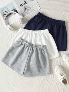 SHEIN 3件套少女海军蓝、白色、灰色弹力腰针织宽松短裤，四季皆宜，适合返校、居家休闲、简约纯色运动短裤 - 藏蓝色 - 查看 2