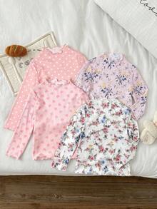 SHEIN 女童 4 件組針織花朵愛心波點圖案荷葉領休閒 T 恤套裝，厚實面料，適合秋冬 - 彩色 - 查看 3