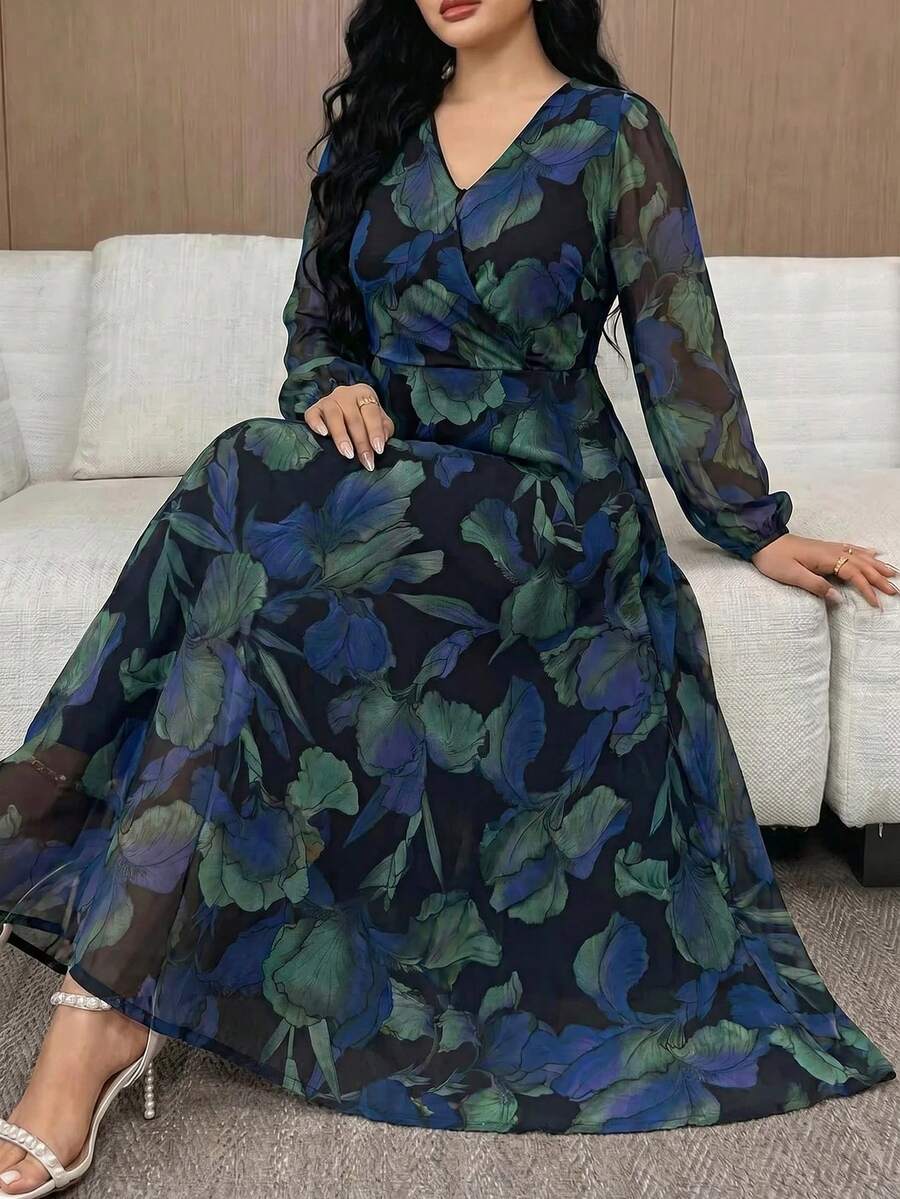 Modelyn Plus Size Elegant Floral Print Midi Dress For Commuting Fall - Blue - View 1