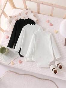 SHEIN LMoss Kids LMoss 3件組新生女嬰舒適針織純色荷葉邊連身衣套裝，秋季黑白休閒款 - 白色 - 查看 3
