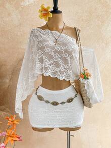 Soleia White Sequin Sheer Asymmetric Shoulder Loose Top + Ruched Waist Floral Skirt, Suitable For Party Beach, Vacation, Music Festival, Bohemian Style Boho - White - View 8
