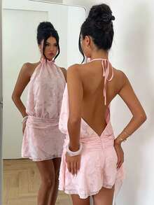Aloruh Women's Elegant Sexy Tropical Tie-Up Halter Backless Fitted Lace Mini Dress Party Vacation Date Night Out Birthday Pink Floral Summer - Pink - View 1