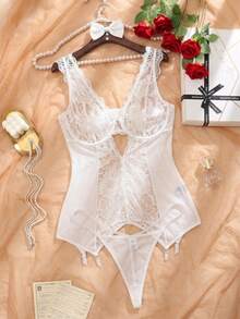 SHEIN 两件套加大码性感蕾丝撞色网纱内衣套装 - 白色 - 查看 4