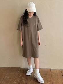 DAZY 青少年女孩休閒日常通勤極簡花卉印花插肩袖寬鬆T恤洋裝，夏季 - 棕色 - 查看 4