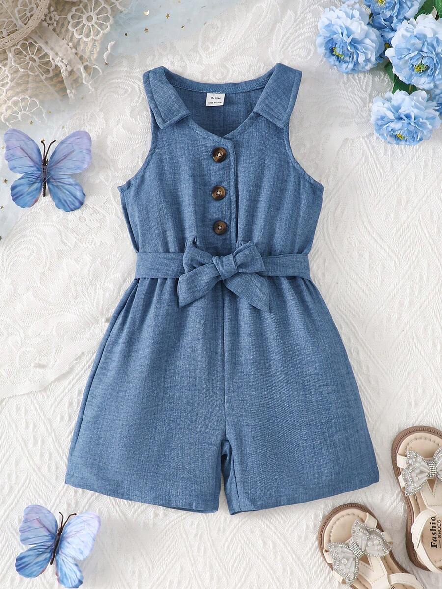 SHEIN Vintaside Kids 女婴优雅基本款露背柔软皱褶面料和牛仔效果休闲连体衣,适合居家和户外穿着 - 藍色 - 查看 1