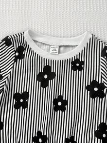 SHEIN 女童 2 件組 針織條紋花卉圖案圓領運動衫與內搭褲套裝 - 黑與白 - 查看 7