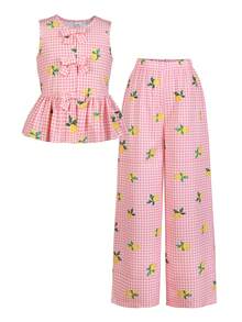 SHEIN Setelan Atasan dan Celana Pendek Lebar Motif Garis-garis Tekstur Ceri Warna Pink untuk Remaja Perempuan, Cocok untuk Sehari-hari, Perjalanan, Liburan, dan Santai. - Berwarna merah muda - View 3