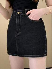 DAZY Loose A-Line Denim Washed Skirt Minimalist Tween Girls Denim Skirt - Dark Wash - View 8
