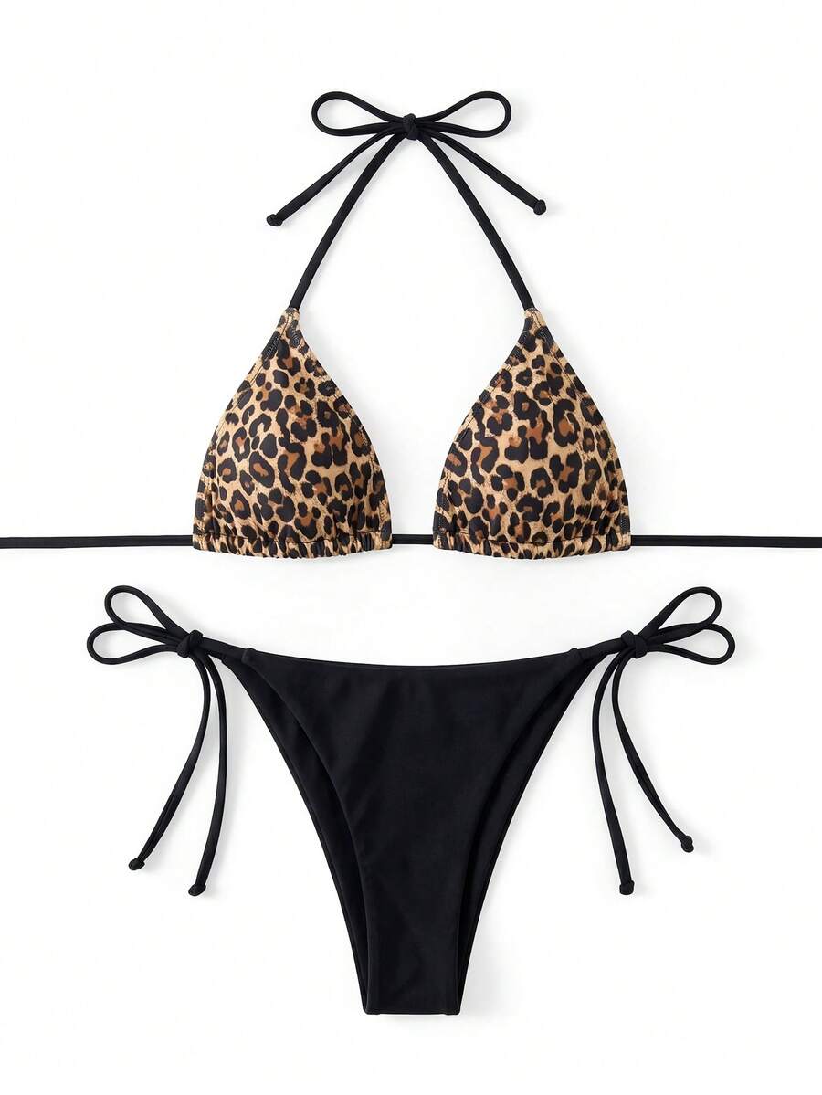 Sweetra Springbreak 2025 Damen Leopardenmuster Sexy Neckholder Bikini Badeanzug Set, zufälliges Muster Urlaub Strand - Verschiedenfarbig - Übersicht 1