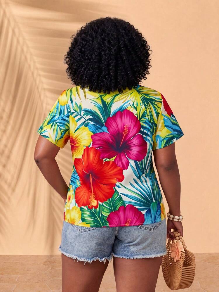 Plus Size Floral Colorful Print Short Sleeve Shirt Summer Summer Outfit For Women Festival Outfits For Women Beach Outfits For Women Vacation Outfits Women Holiday Outfits  For Women